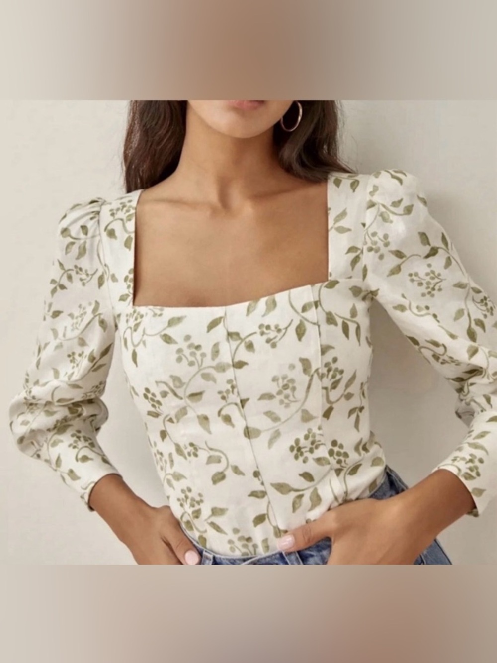Reformation Stilton Linen Top Green White Floral Long Sleeve Blouse Size 8 EUC